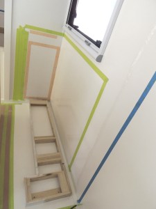 Dry fit, masked, prepped, bonded, screwed, and installed lower kitchen cabinet